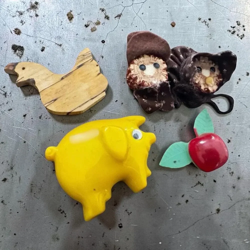 Vintage Fridge Magnets Pig, Apple, Wood Duck, Fabric Dolls Set